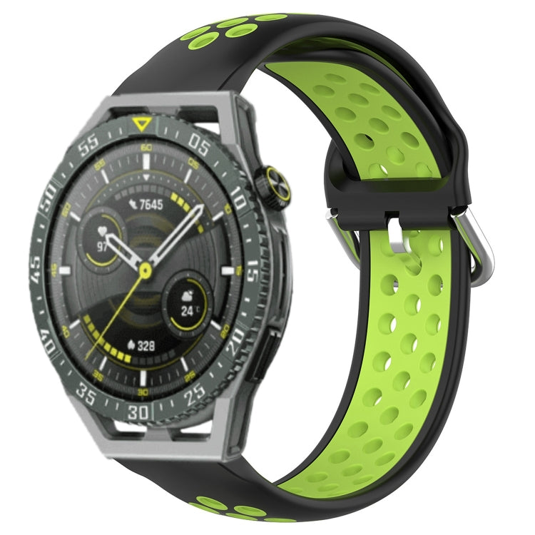 Perforated sports silicone watch band in neon green with oval ventilation holes and black trim