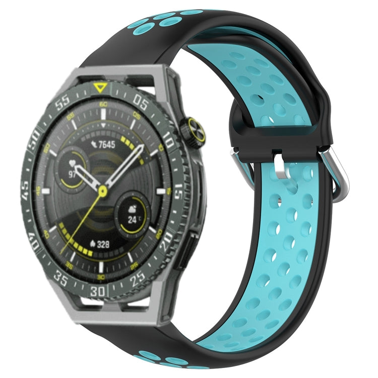 Perforated sports silicone watch band in light blue with oval ventilation holes and black trim