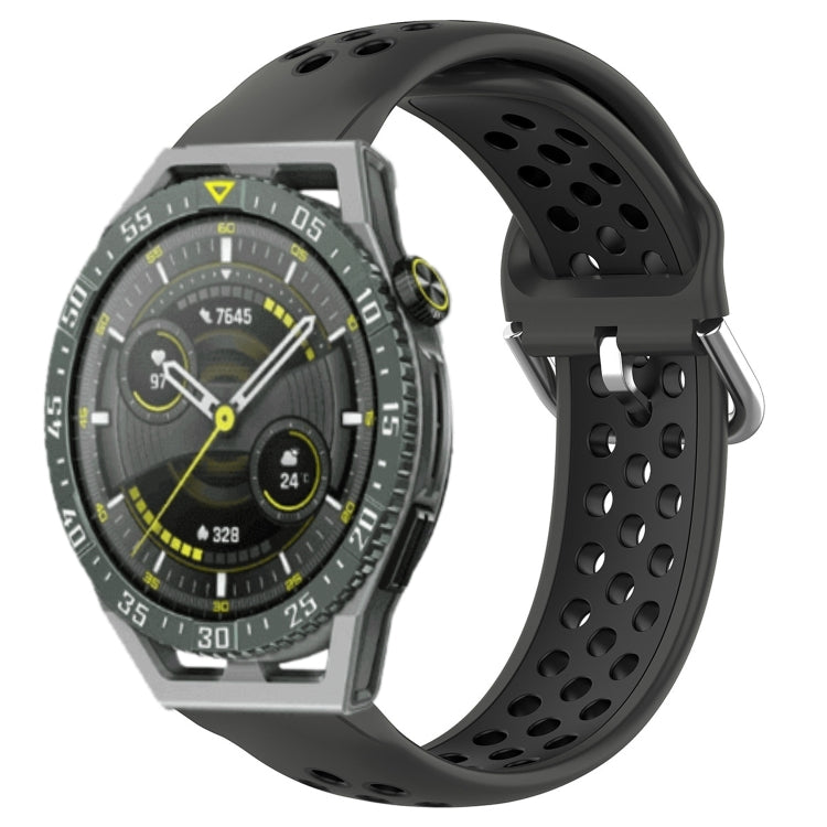 Perforated sports silicone watch band in black with oval ventilation holes and black clasp