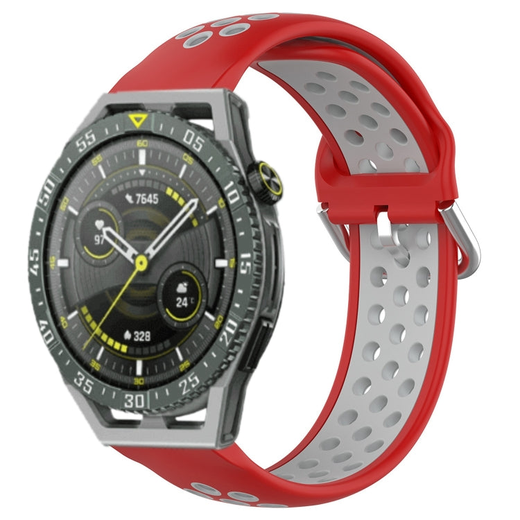 Perforated sports silicone watch band in red with oval ventilation holes and gray underside