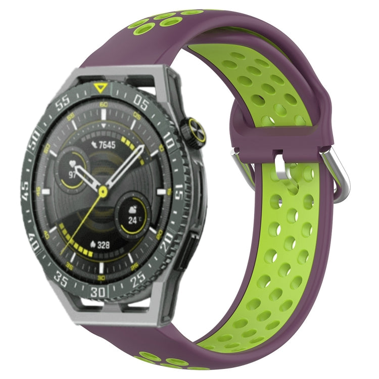 Breathable perforated sports silicone watch band with purple and lime green accents