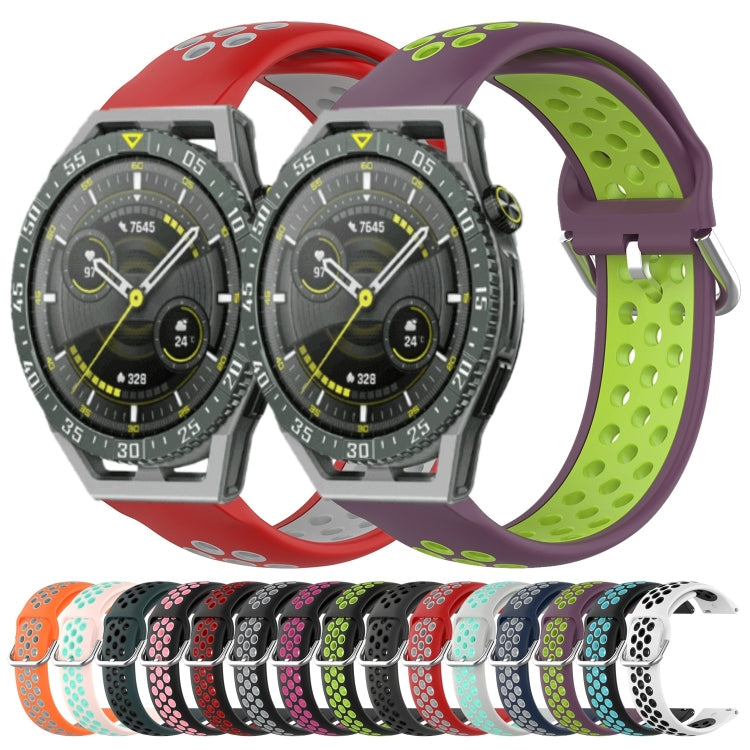 Perforated breathable silicone watch bands set in red and purple-lime colors, metal buckles.