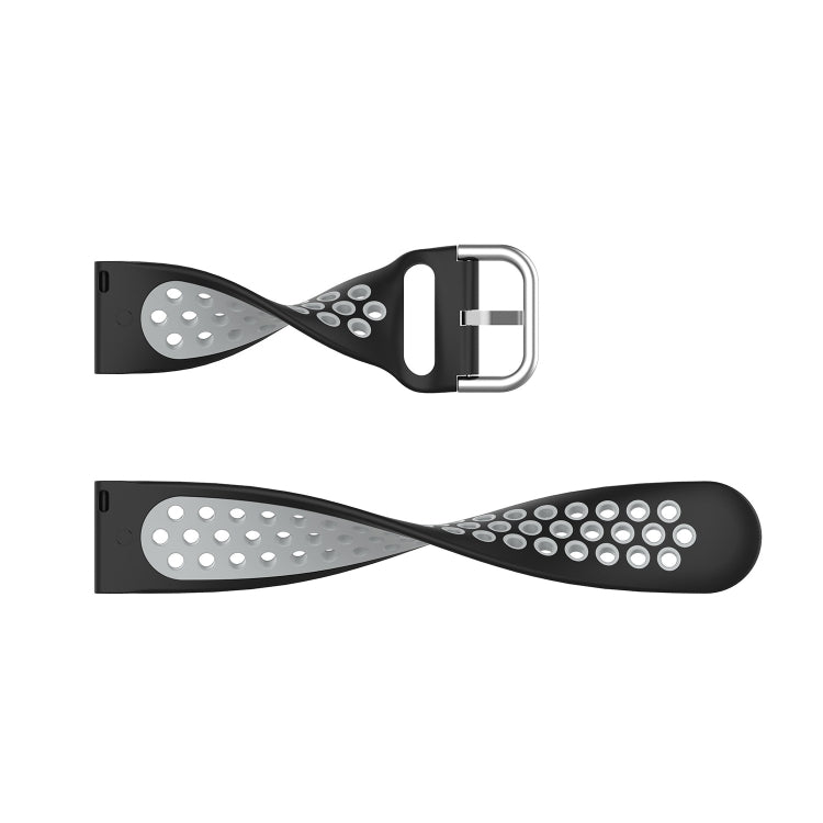 Perforated breathable silicone watch band in black, two end views with metal buckle.