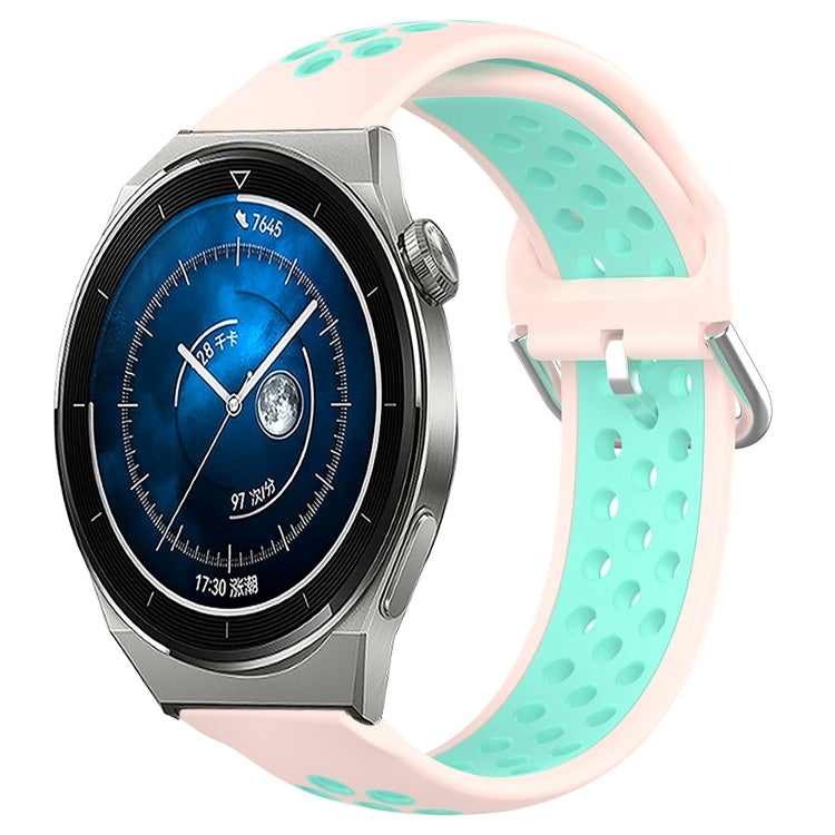 Perforated silicone sports watch band, light pink with teal vent holes