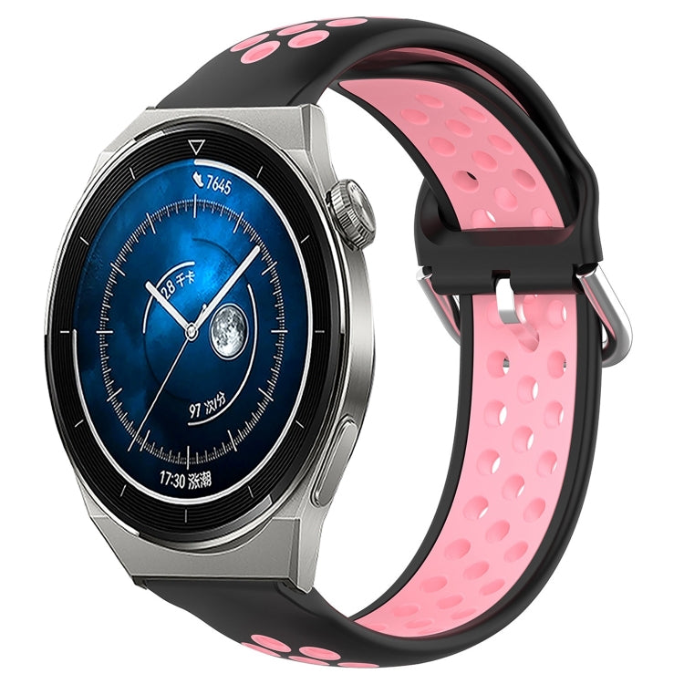 Perforated silicone sports watch band, black with pink vent holes