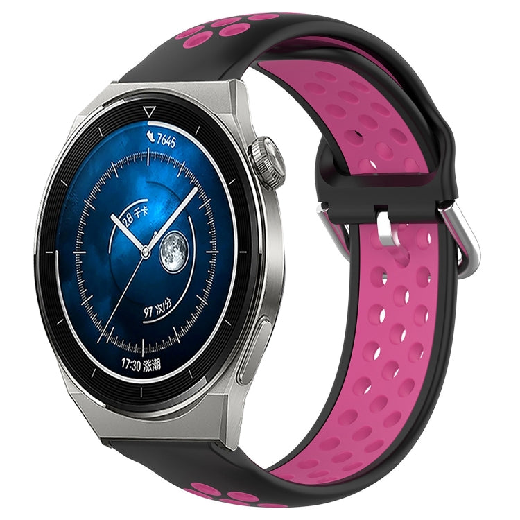 Perforated silicone sports watch band, black with magenta vent holes