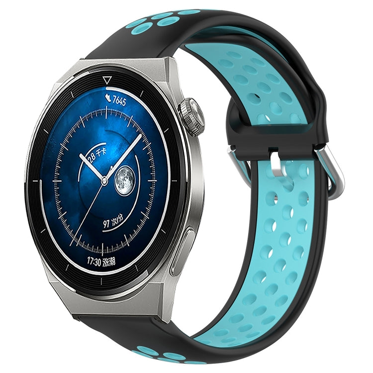 Perforated silicone sports watch band, black and teal with vent holes