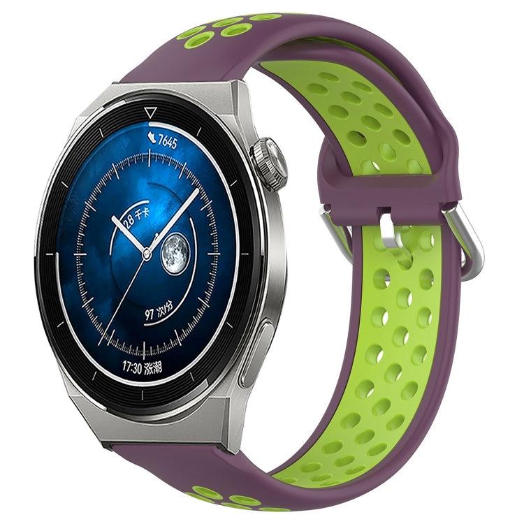 22mm perforated sports silicone watch band, purple with lime green dotted holes