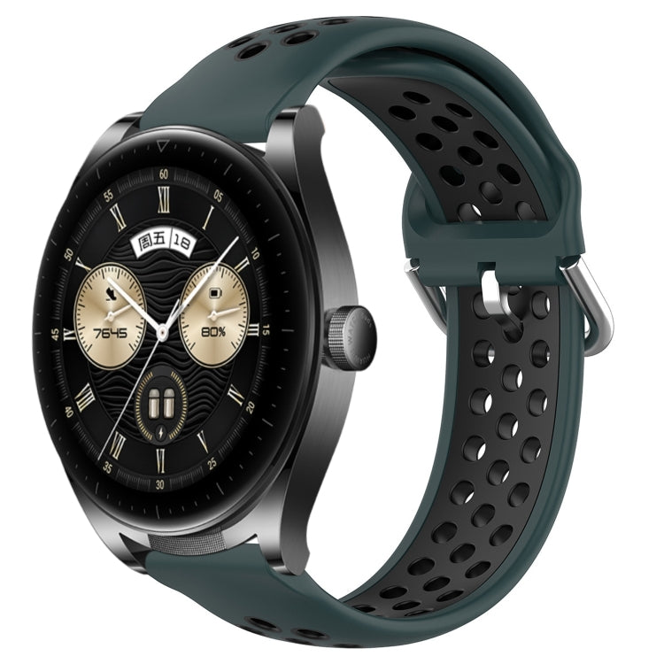 22mm perforated sports silicone watch band, dark green with black dotted holes