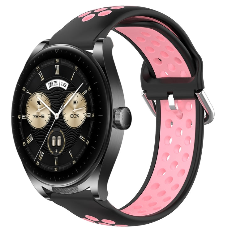 22mm perforated sports silicone watch band, black with pink dotted holes