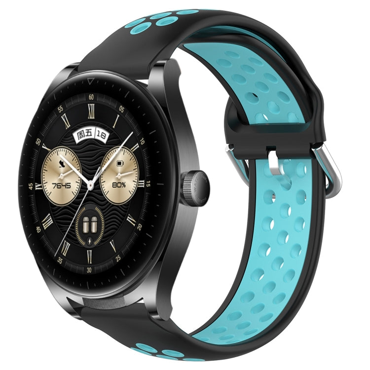 Black and teal perforated silicone sports watch band with vent holes and buckle tabs