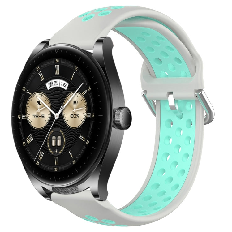 Light gray and aqua perforated silicone sports watch band with vent holes and buckle tabs