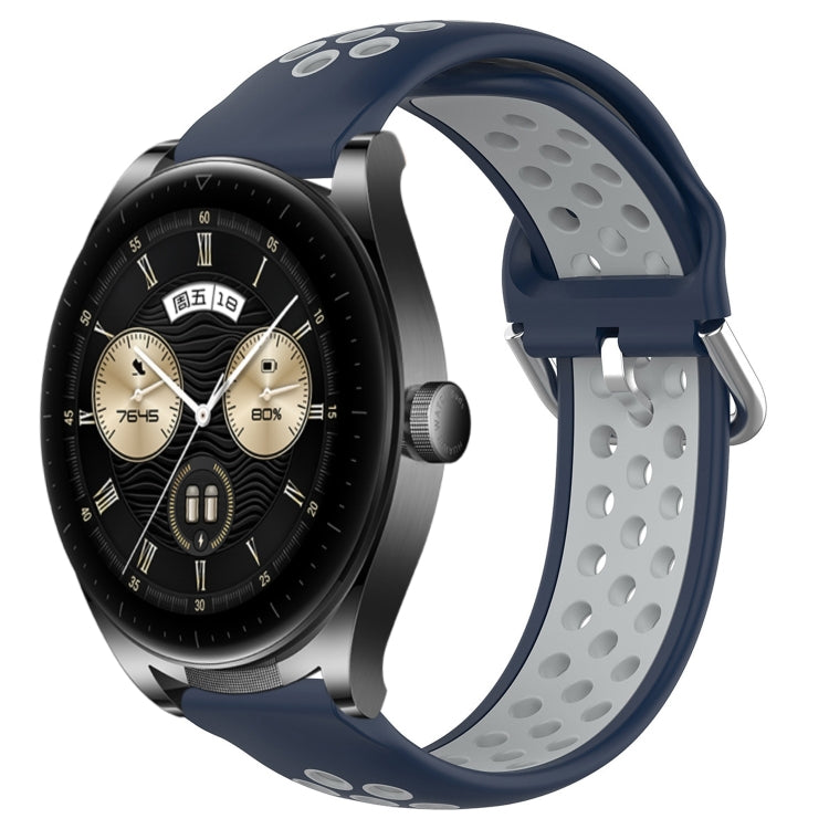Navy blue and gray perforated silicone sports watch band with vent holes and buckle tabs