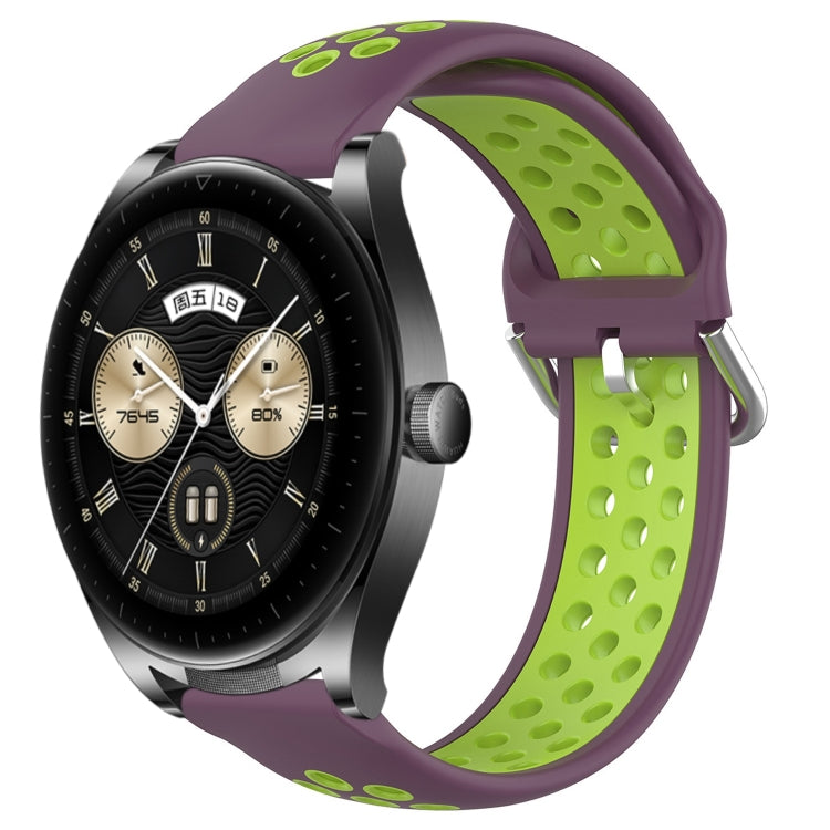 Purple and lime green perforated silicone sports watch band with vent holes and buckle tabs