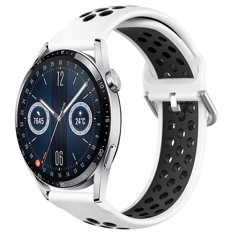 White perforated silicone sports watch band with vent holes and adjustable buckle tabs