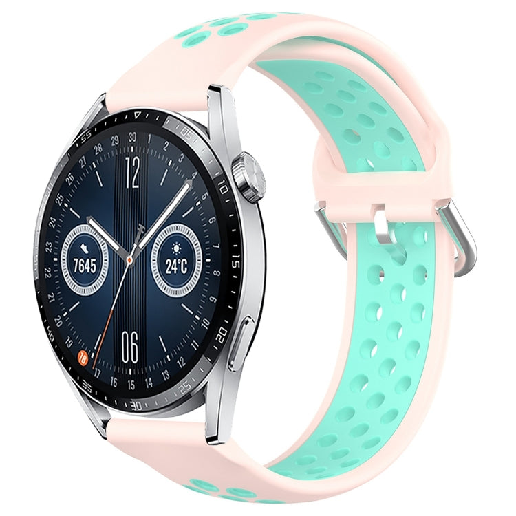 Perforated silicone sports watch band, light pink with teal breathable cutouts and clasp