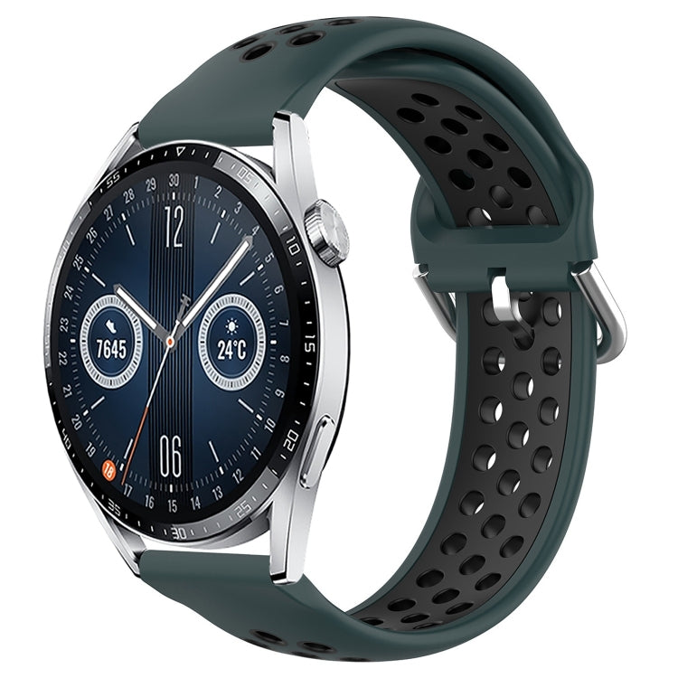 Perforated silicone sports watch band, dark green with breathable cutouts and clasp