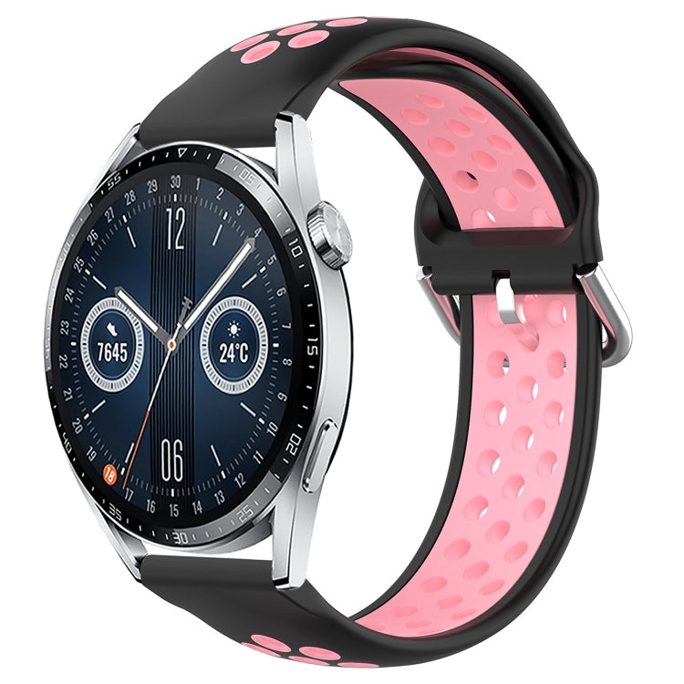 Perforated silicone sports watch band, black with pink breathable cutouts and clasp