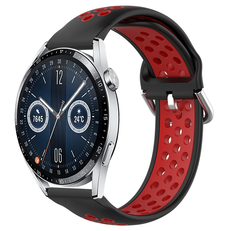 Perforated silicone sports watch band, black with red breathable cutouts and clasp
