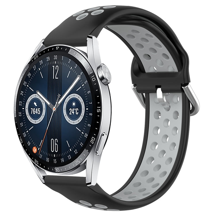 Perforated silicone sports watch band, black with light gray breathable cutouts and clasp