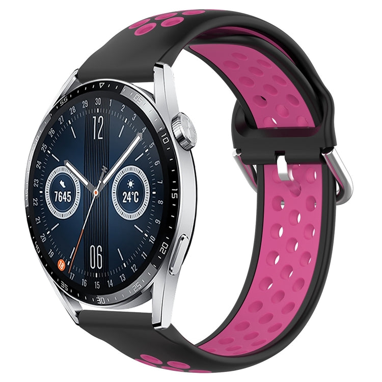 Perforated silicone sports watch band, black with magenta-pink breathable cutouts and clasp