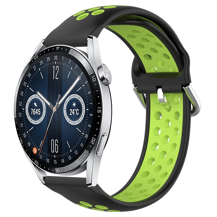 Perforated silicone sports watch band, black with lime green breathable cutouts and clasp