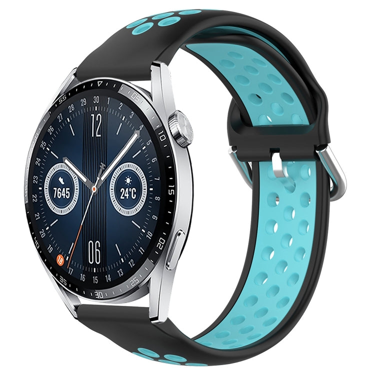 Perforated silicone sports watch band, black with light blue breathable cutouts and clasp