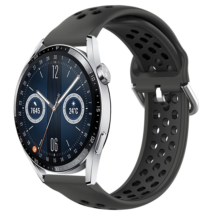 Perforated silicone sports watch band, black with breathable cutouts and metal clasp