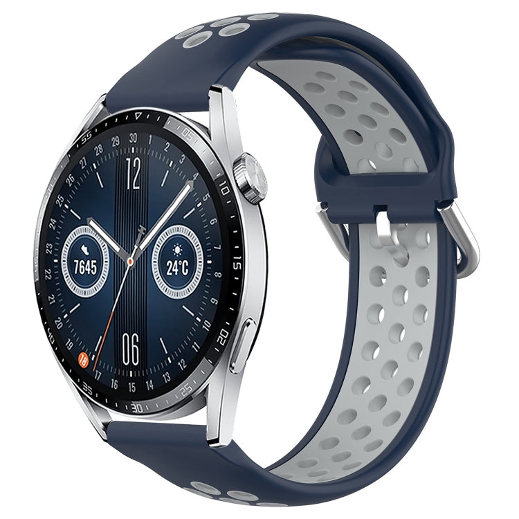 Navy perforated silicone sports watch band with silver buckle and breathable hole pattern