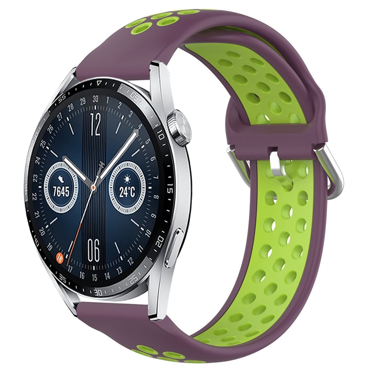 Purple and lime perforated silicone sports watch band with adjustable buckle and vent holes