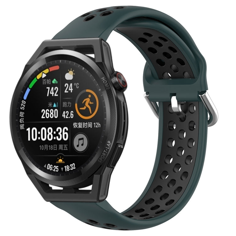 Dark green perforated silicone sports watch band with black watch buckle and ventilated holes
