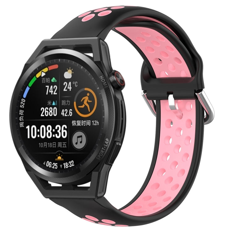 Black and pink perforated silicone sports watch band with adjustable buckle and vent holes
