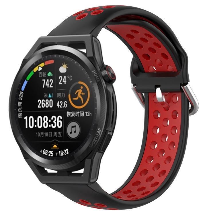 Black and red perforated silicone sports watch band with vent holes and secure buckle