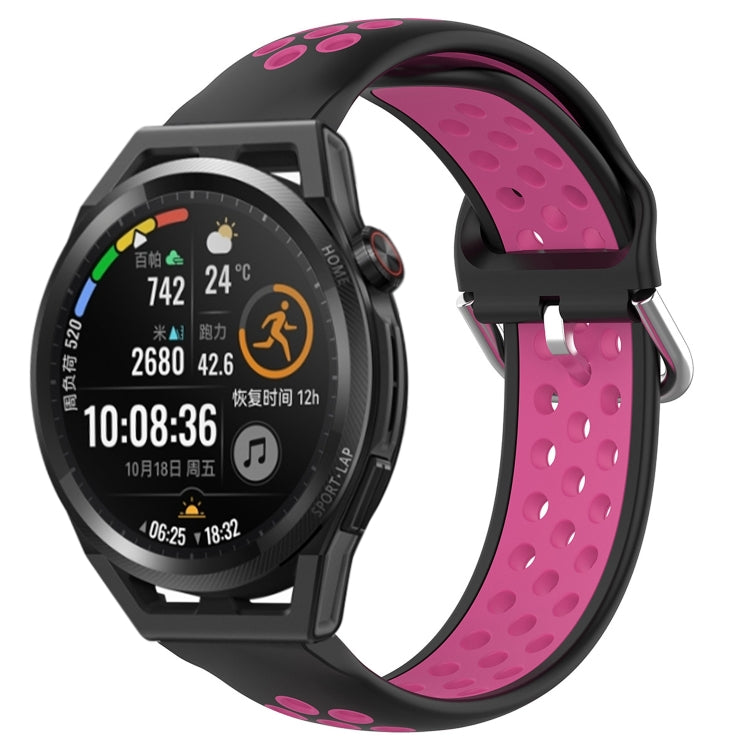 Perforated breathable sports silicone watch band, black with pink interior holes