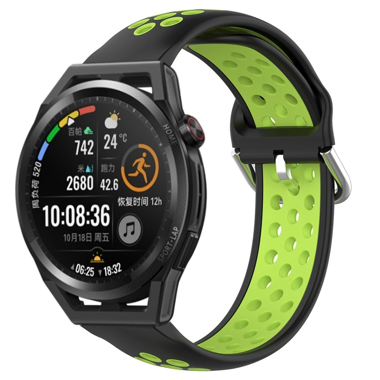 Perforated breathable sports silicone watch band, black with bright green interior holes