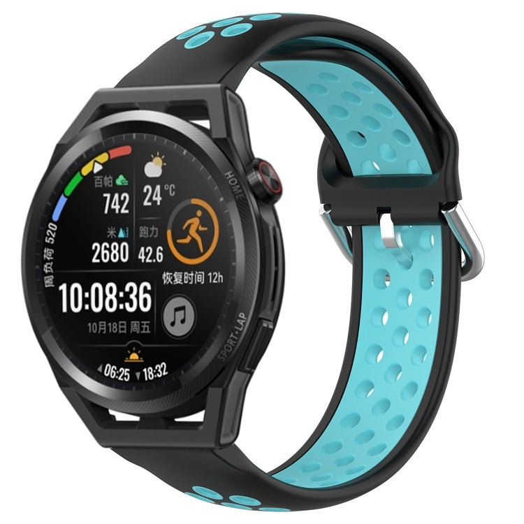 Perforated breathable sports silicone watch band, black with light blue interior holes