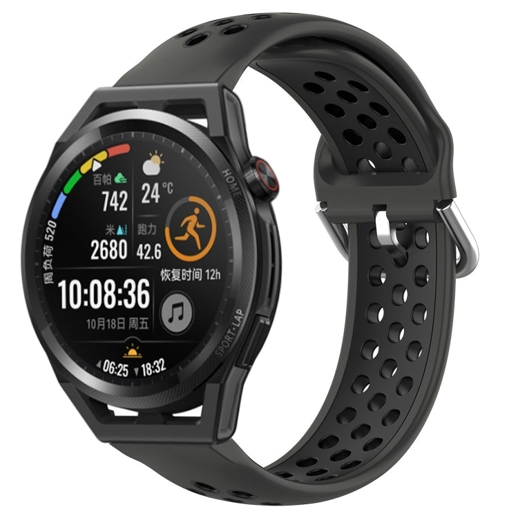 Breathable perforated sports silicone watch band in dark gray/black