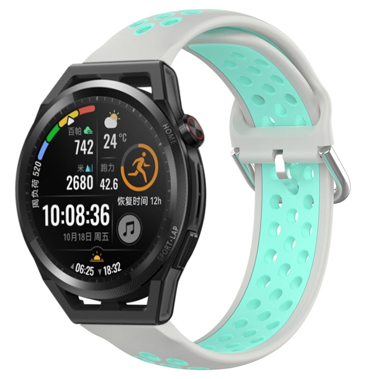 Perforated breathable sports silicone watch band, light gray with turquoise interior holes