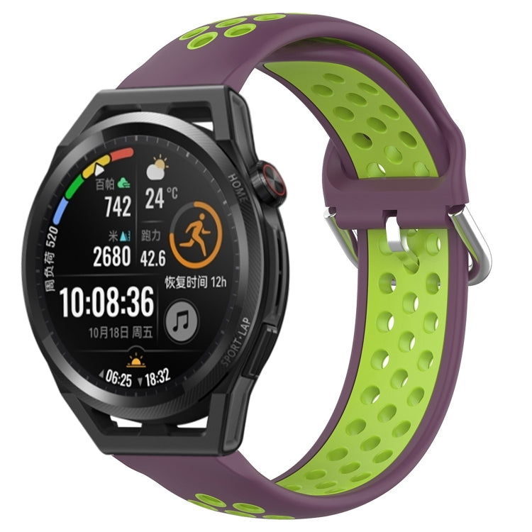 Perforated breathable sports silicone watch band, purple with lime green interior holes