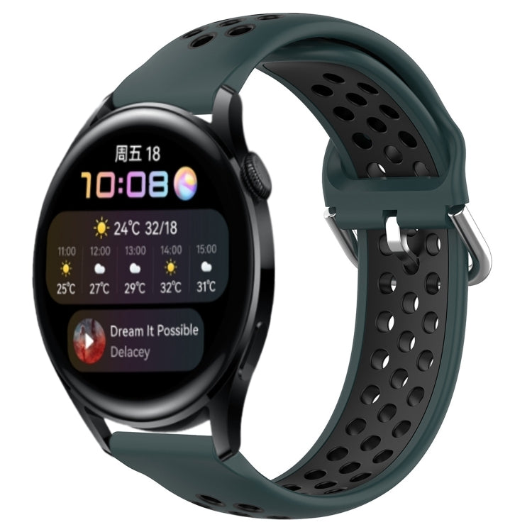 Perforated silicone sports watch band, dark green with metal clasp.