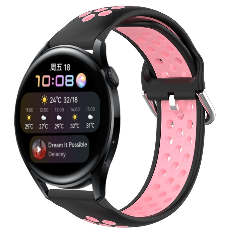Perforated silicone sports watch band, pink with metal clasp and black edges.