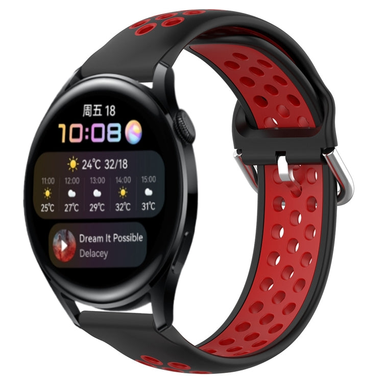 Perforated silicone sports watch band, red with metal clasp and black edges.