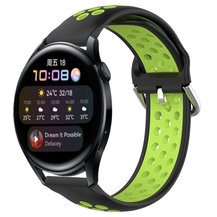 Perforated silicone sports watch band, lime green with metal clasp.