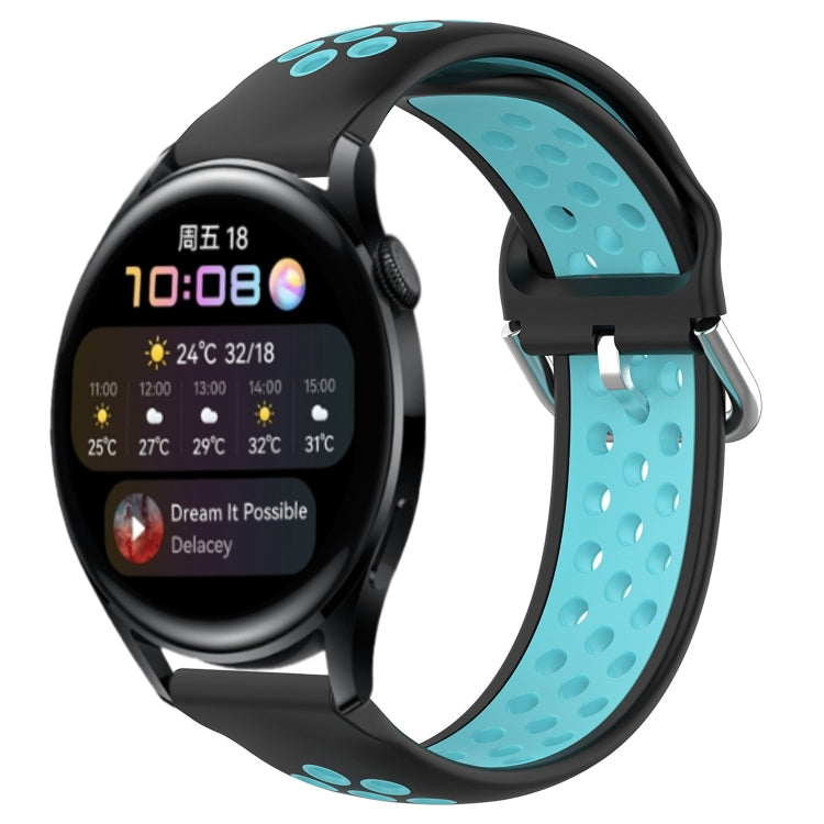 Breathable perforated sports silicone watch band with black and light blue-teal