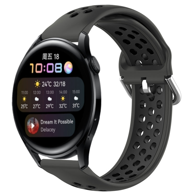 Perforated silicone sports watch band, dark gray with metal clasp.