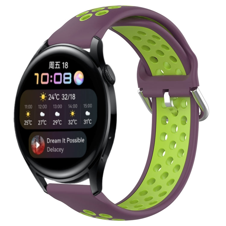 Perforated breathable sports silicone watch band, purple with lime green holes, metal buckle.