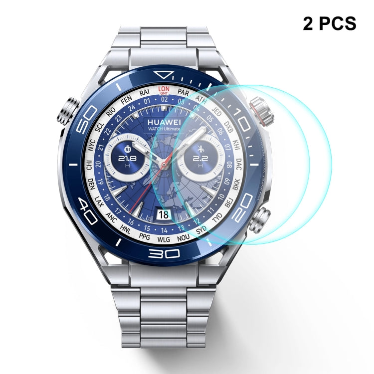 2-pack tempered glass screen protectors for Huawei Watch Ultimate, fitted on watch