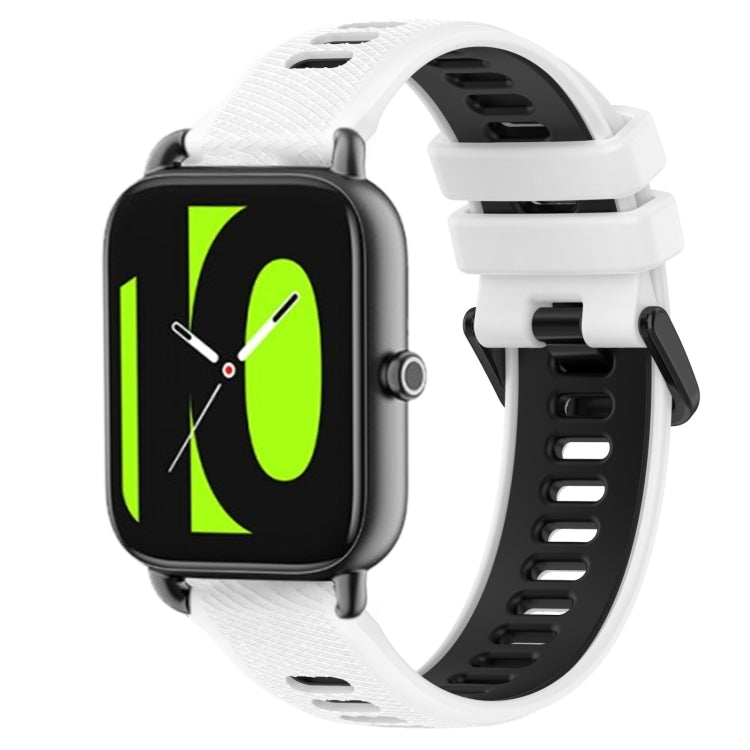 22mm two-color silicone watch band in white with black accents, secure buckle.