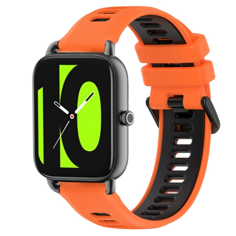 22mm two-color silicone watch band in orange with black accents, secure buckle.