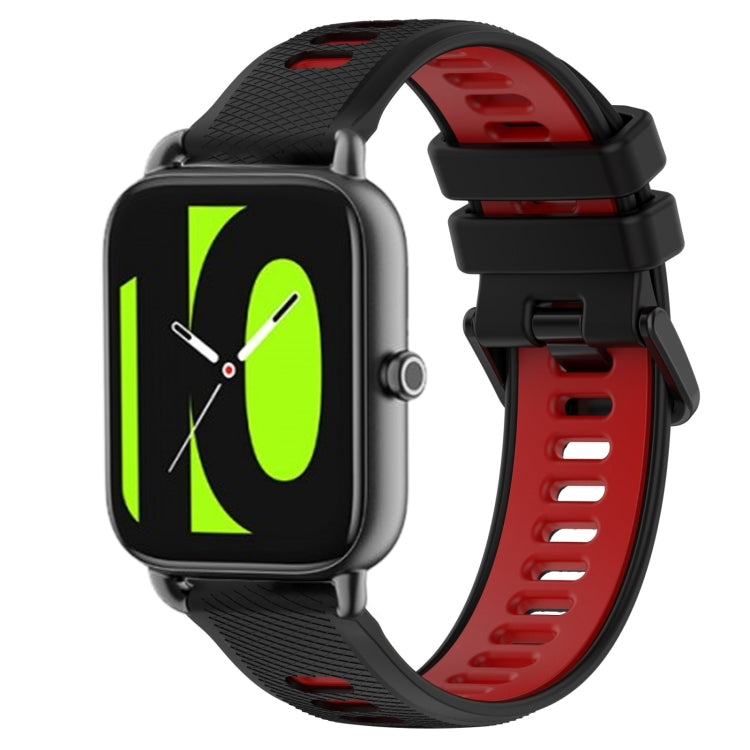 22mm two-color silicone watch band in black with red accents, secure buckle.